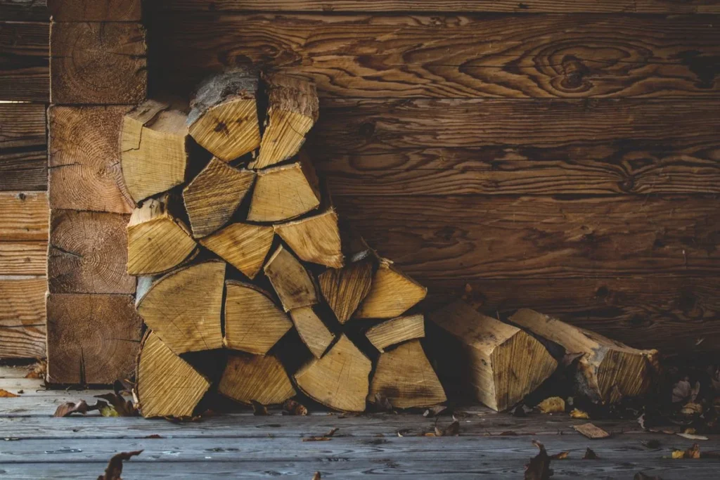 Bûches rangées à l’abri contre un mur en bois